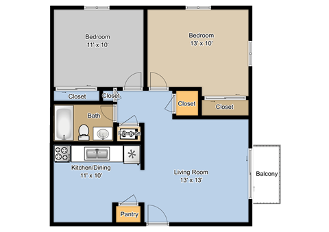 Floor plan for 2 beds, 1 bath, 760 sqft
